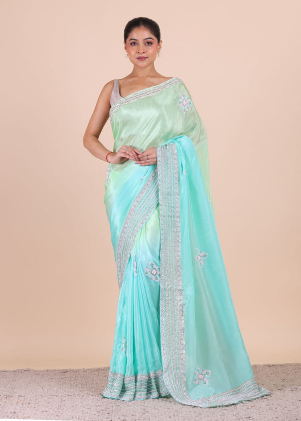 Firozi Blue Colour Ombre Cutdana Embroidered Designer Saree - Anvi Couture