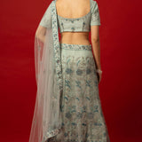 Pastel Blue Lehenga Set with Embellished Blouse and Sheer Dupatta