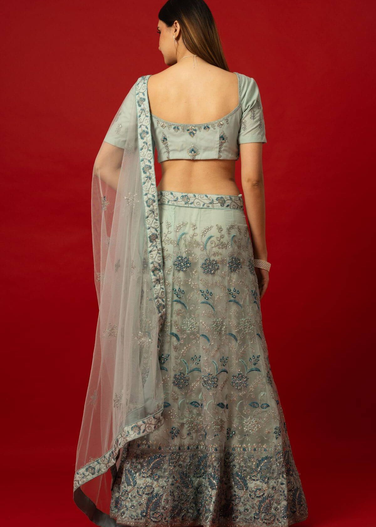Pastel Blue Lehenga Set with Embellished Blouse and Sheer Dupatta