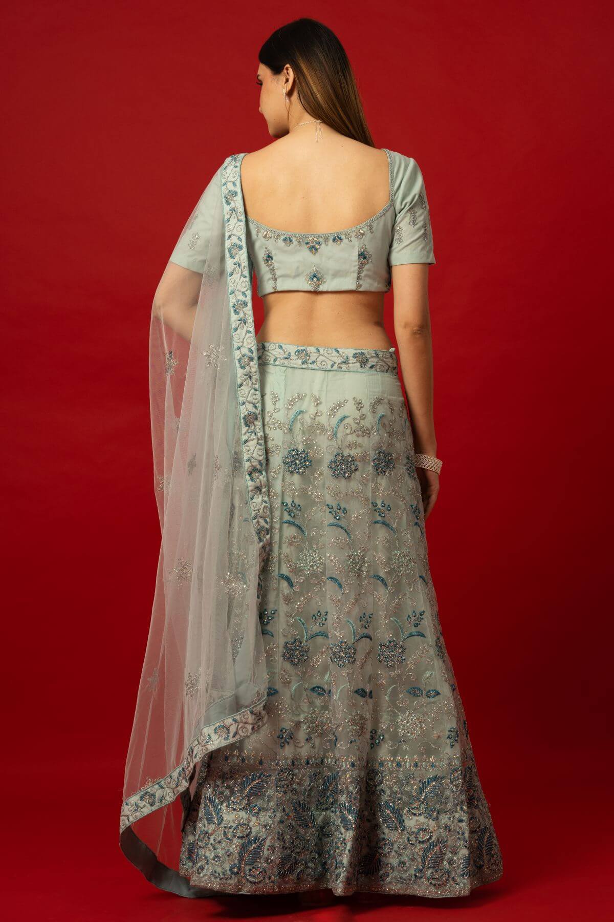 Pastel Blue Lehenga Set with Embellished Blouse and Sheer Dupatta