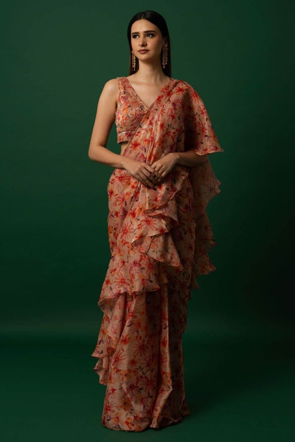 Floral Printed Organza Saree with Hand Embroidered Stitched Blouse