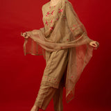 Sophisticated Brown Kurta Set with Lace Accents and Sheer Dupatta