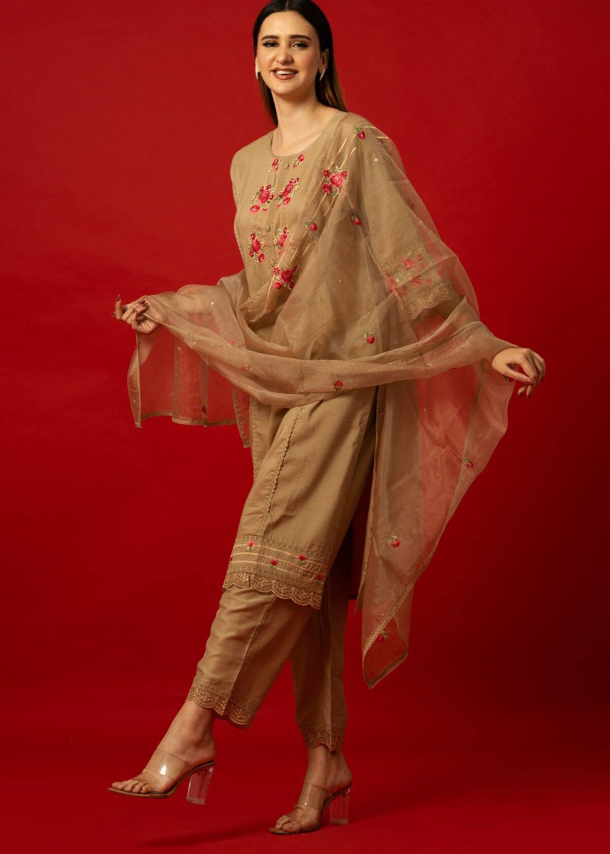 Sophisticated Brown Kurta Set with Lace Accents and Sheer Dupatta