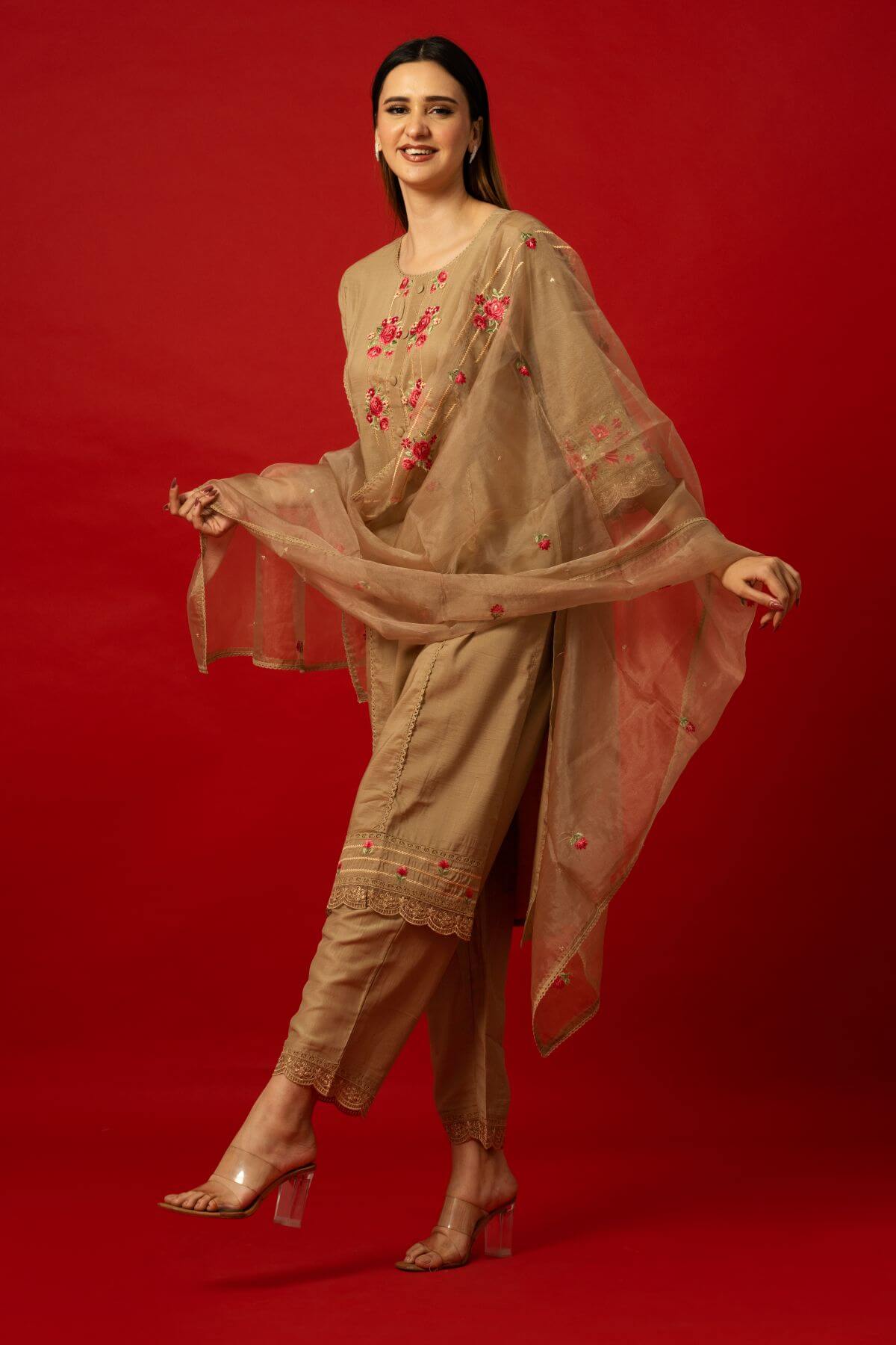 Sophisticated Brown Kurta Set with Lace Accents and Sheer Dupatta