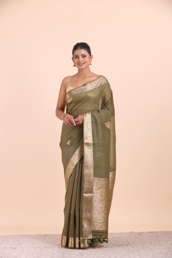 Green Chanderi Silk Saree with Golden Floral Zari Woven Work - Anvi Couture