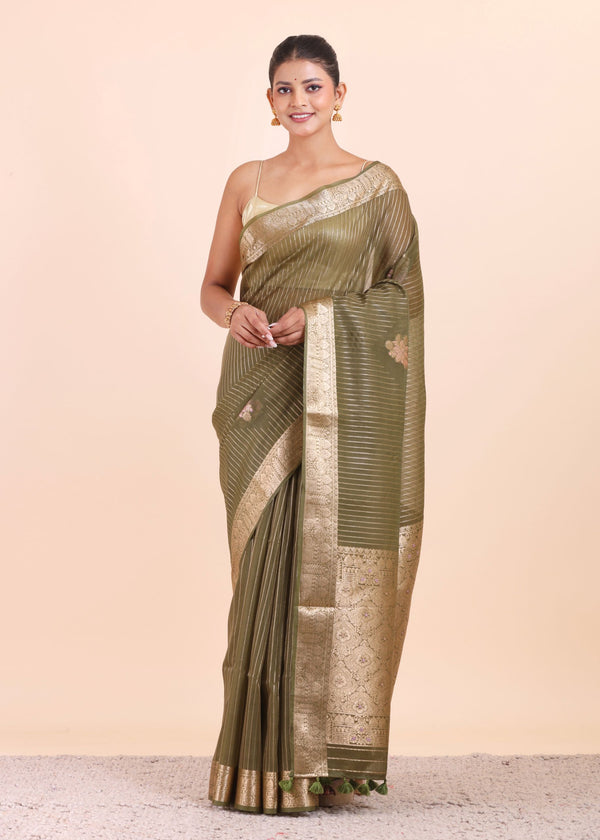 Green Chanderi Silk Saree with Golden Floral Zari Woven Work - Anvi Couture