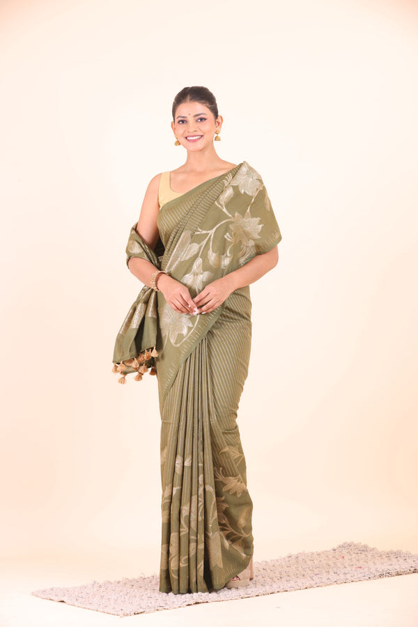 Green Chanderi Silk Saree with Silver Floral Zari Woven Work full