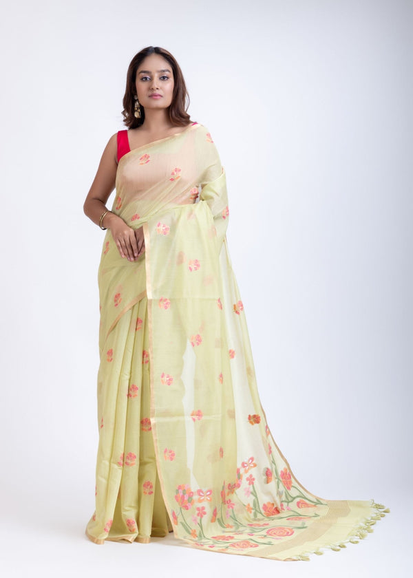 Green Cotton Handloom Jamdani Saree Pink Floral Weave - Anvi Couture