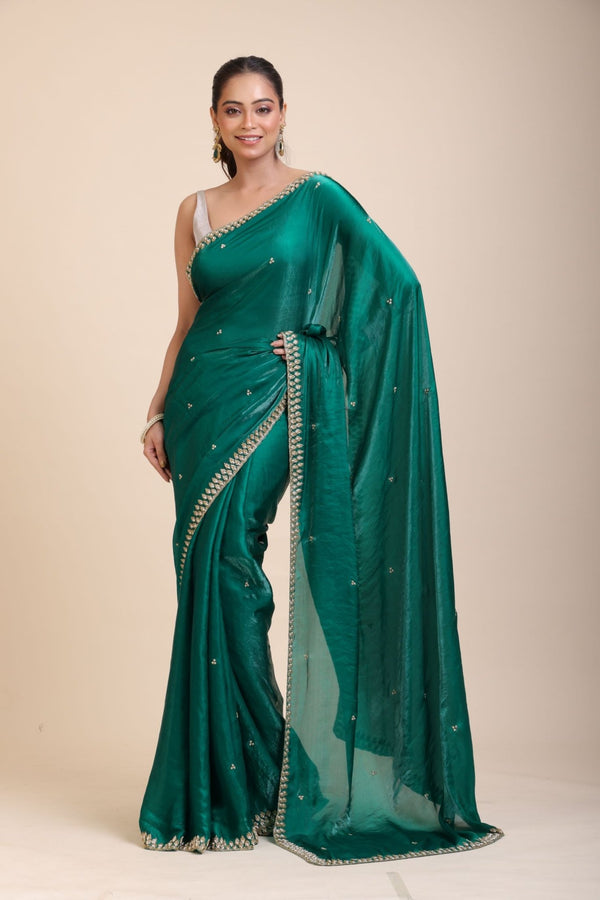 Green Jimmy Choo Saree With Embroidered Work - Anvi Couture