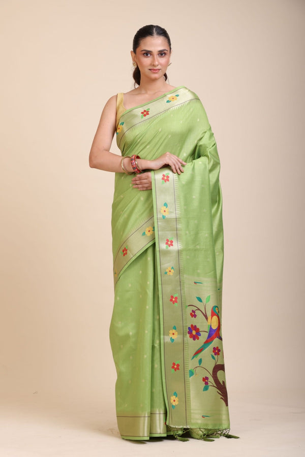 Green Muniya Paithani Silk Saree - Anvi Couture