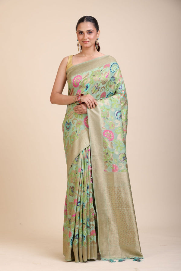 Green Paithani Silk Saree With Multicolor Floral Motifs - Anvi Couture