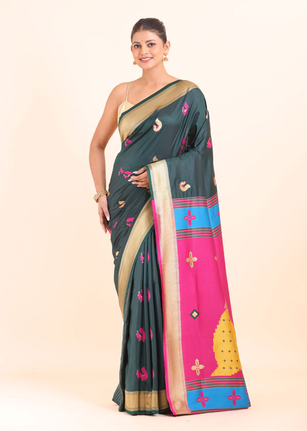 Green Paithani Silk Saree with Pink Peacock Pallu and Golden Border full