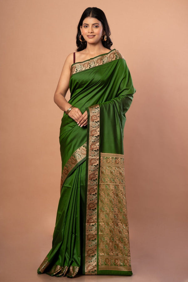 Green Silk Saree with Resham Work Border & Pallu - Anvi Couture