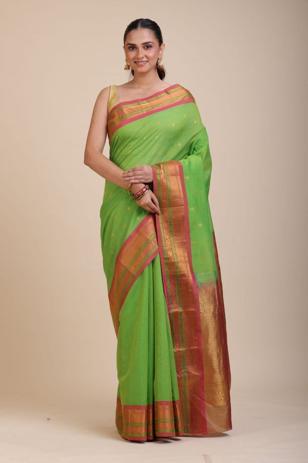 Green South Indian Silk Saree With PInk and Golden Border and Pallu - Anvi Couture