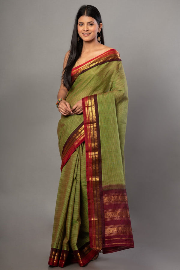 Green and Maroon Pure Cotton Gadwal Saree - Anvi Couture