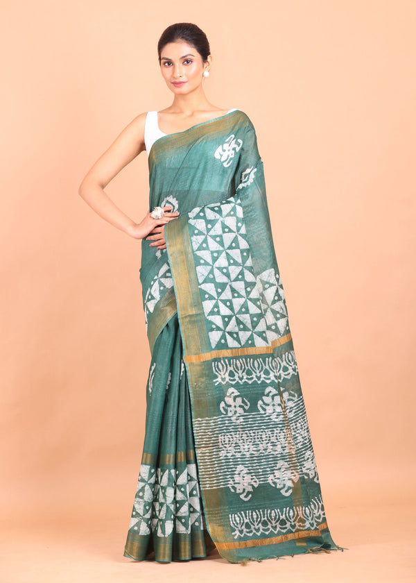 Green and White Block Printed Cotton Silk Batik Saree full view