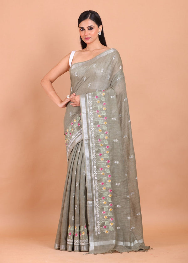 Grey Handloom Floral Hand Embroidered Saree - Anvi Couture