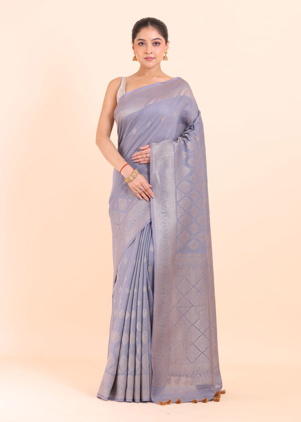 Grey Handloom Tissue Saree With Silver Border Front View