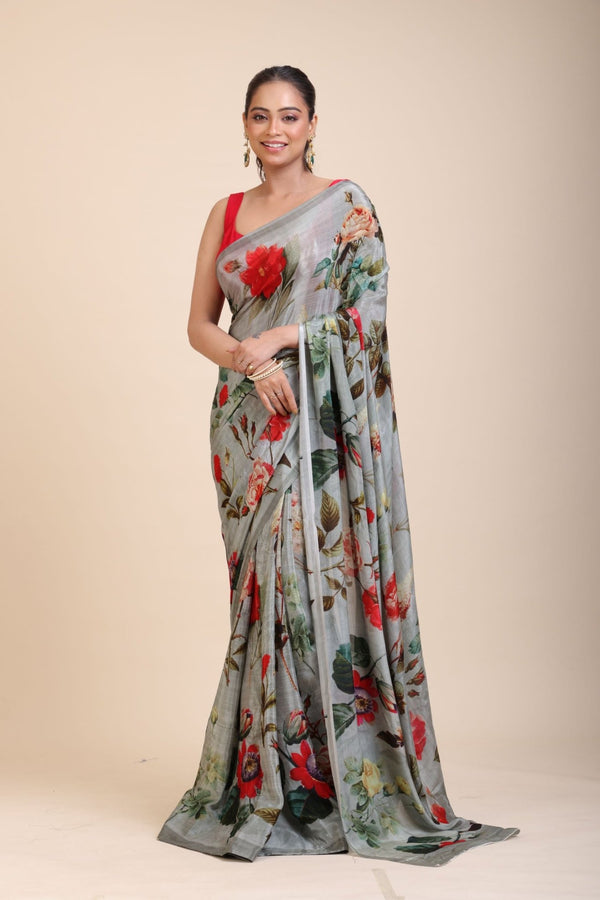 Grey Printed Crepe Silk Saree - Anvi Couture