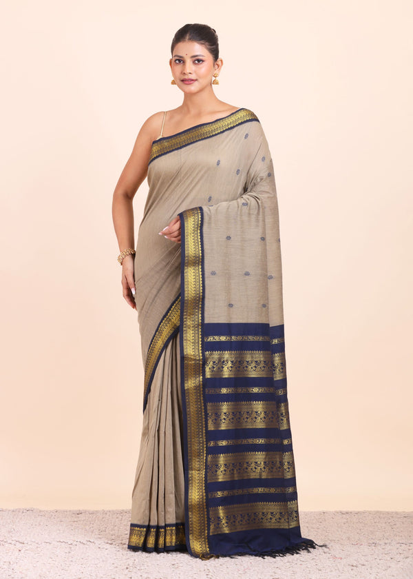 Grey and Blue Cotton Gadwal Saree - Anvi Couture