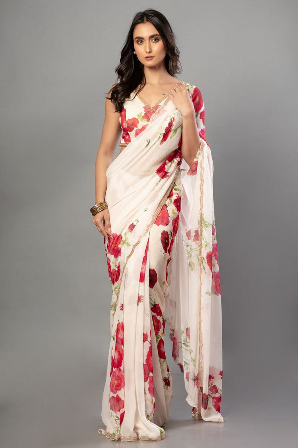 Ivory Floral Printed Saree Adorned with Hand - Embroidered Cut Dana Detailing - Anvi Couture