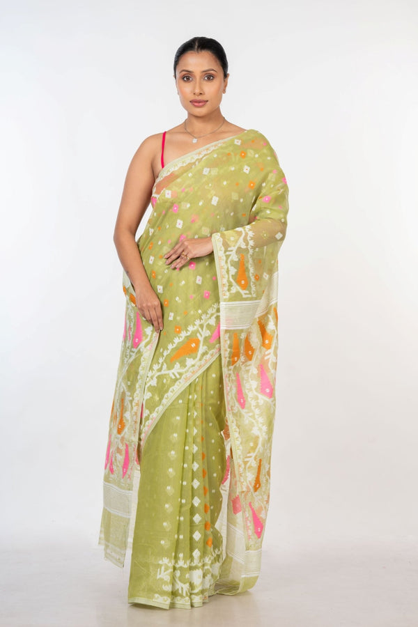 Lemon Green Handloom Jamdani Saree - Anvi Couture