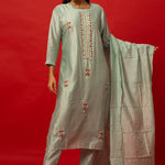 Light Blue Embroidered Silk Kurti Set with Matching Palazzo and Dupatta