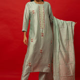 Light Blue Embroidered Silk Kurti Set with Matching Palazzo and Dupatta