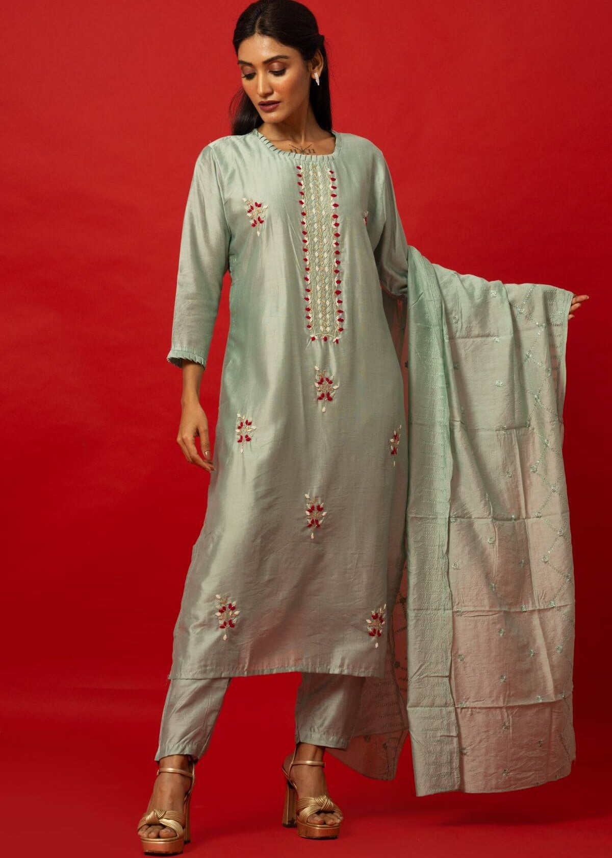 Light Blue Embroidered Silk Kurti Set with Matching Palazzo and Dupatta