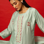 Designer Light Blue Embroidered Silk Kurti with Matching Pants and Dupatta