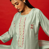 Designer Light Blue Embroidered Silk Kurti with Matching Pants and Dupatta