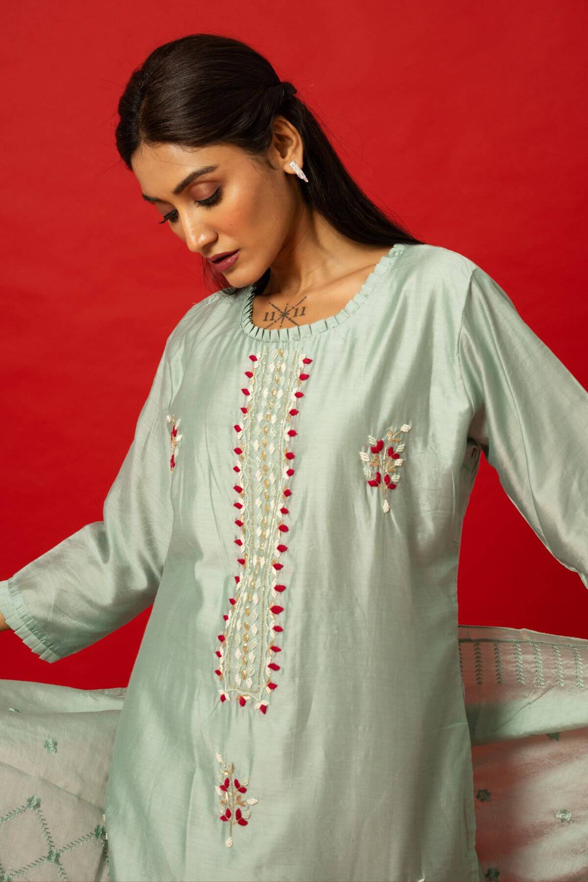 Designer Light Blue Embroidered Silk Kurti with Matching Pants and Dupatta