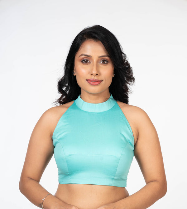 Light Blue Halter Neck Cotton Blouse With Back Closer - Anvi Couture