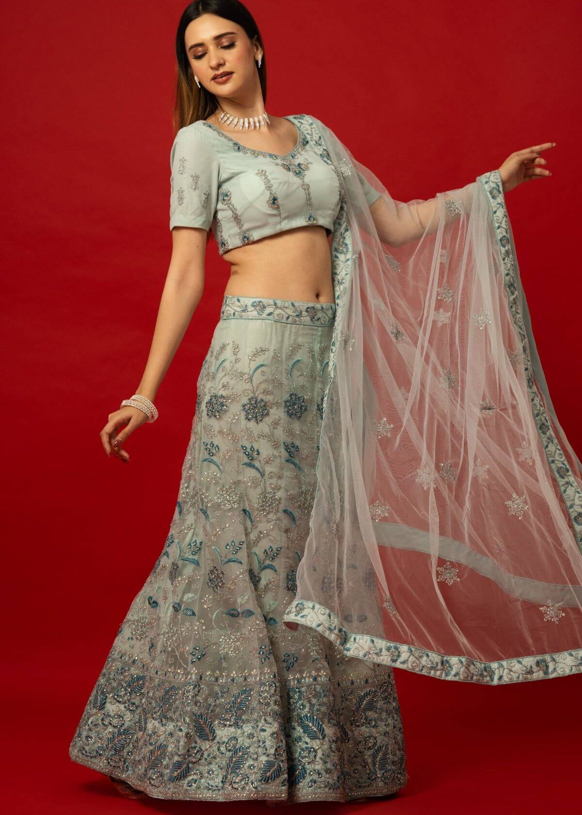 Elegant Light Blue Embroidered Lehenga Set with Sheer Dupatta