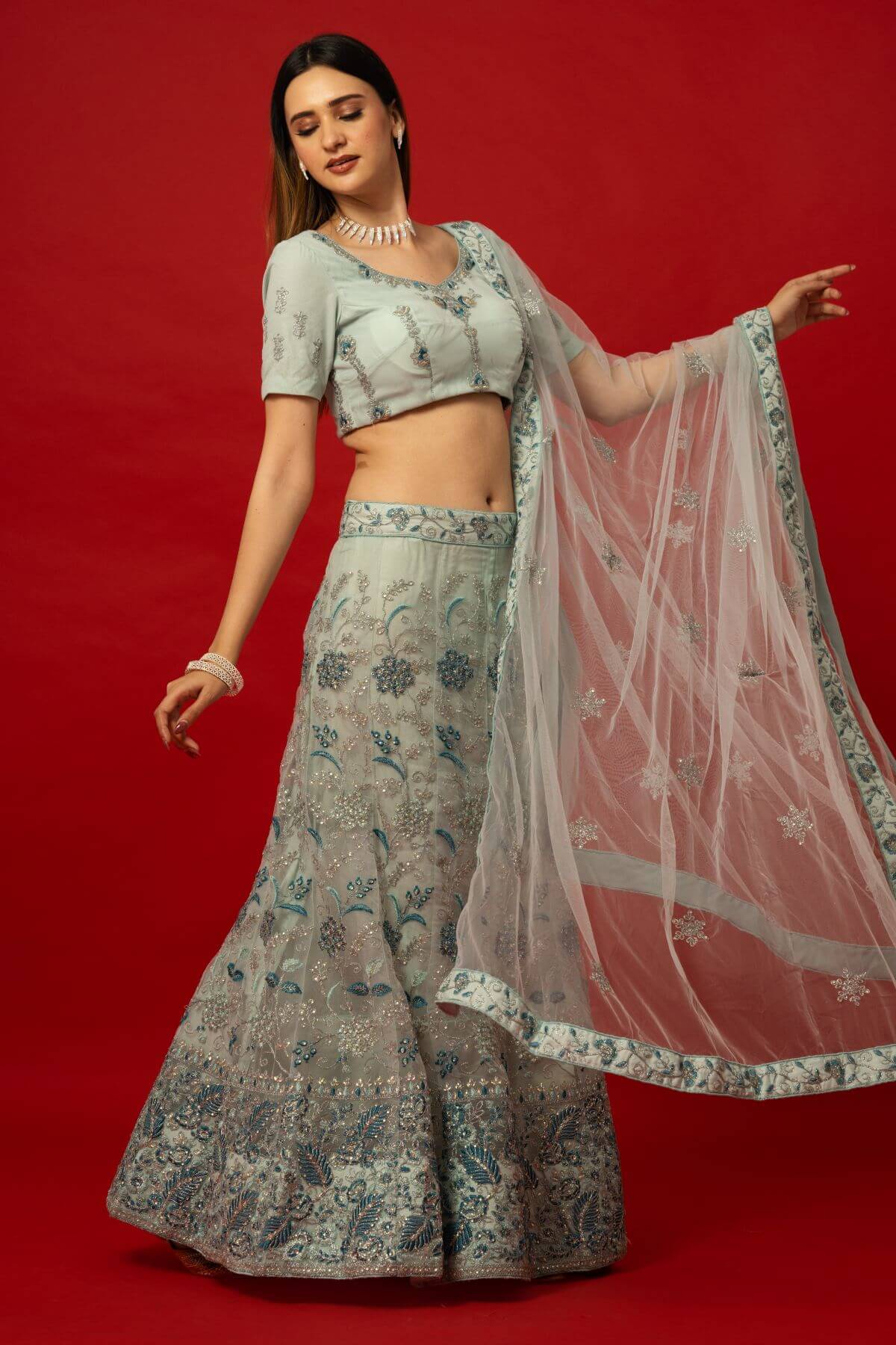 Elegant Light Blue Embroidered Lehenga Set with Sheer Dupatta