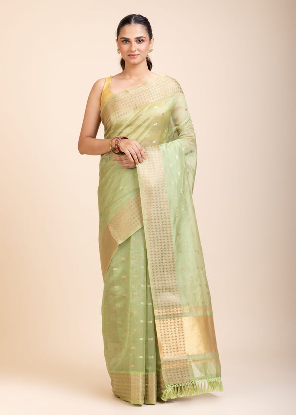 Light Green Kota Silk Saree With Golden Border - Anvi Couture