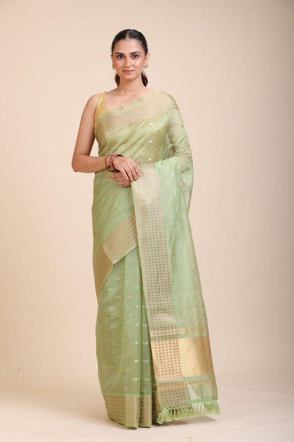 Light Green Kota Silk Saree With Golden Border - Anvi Couture