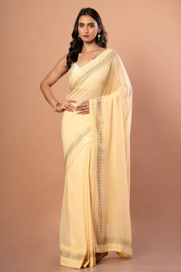 Light Yellow Georgette saree with sequin work - Anvi Couture - Image 1