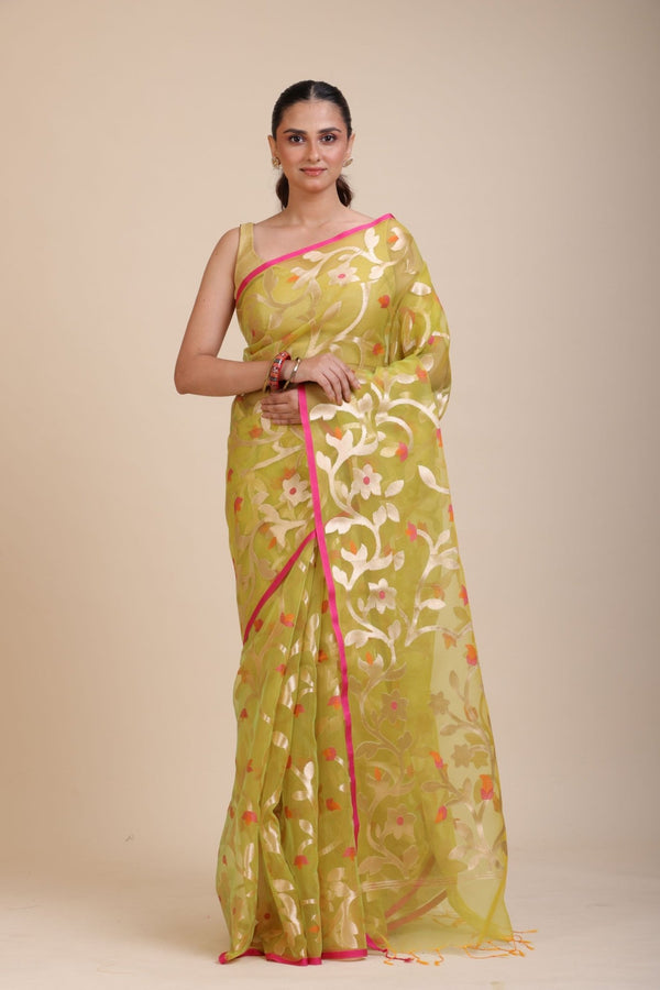 Lime Green Handloom Organza Silk Jamdani Saree - Anvi Couture