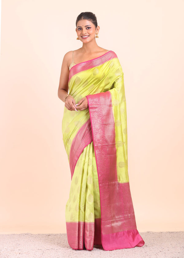 Lime Green and Pink Soft Silk saree - Anvi Couture
