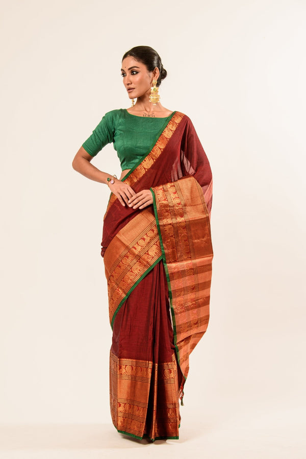 Maroon Color Pure Mangalgiri Handloom Cotton Silk Saree in Gold and Green color Border - Anvi Couture