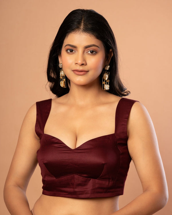 Maroon Designer Blouse in Cotton Silk with Queen Anne Neckline - Anvi Couture - Front 1