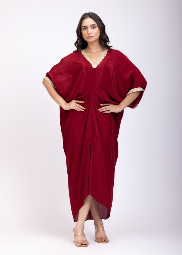Maroon Designer Drape Kaftan Dress - Anvi Couture