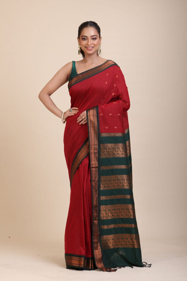 Maroon Green Cotton Gadwal Saree - Anvi Couture