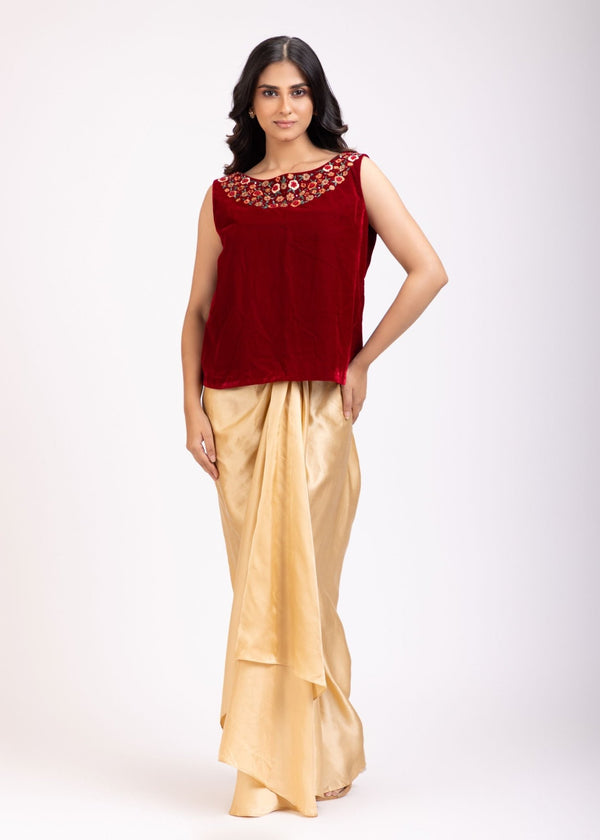 Maroon Hand Embroidered Crop Top Drape Skirt Set - Anvi Couture