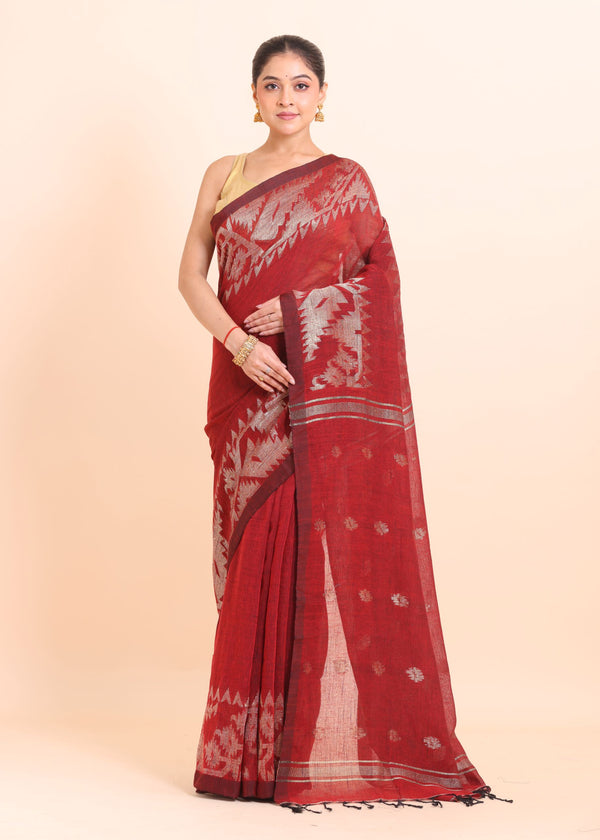 Maroon Handloom Jamdani Lilen Cotton Saree with Silver Woven Border full
