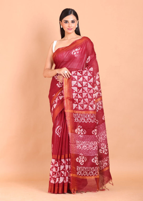 Maroon Handloom Printed Cotton Silk Batik Saree - Anvi Couture