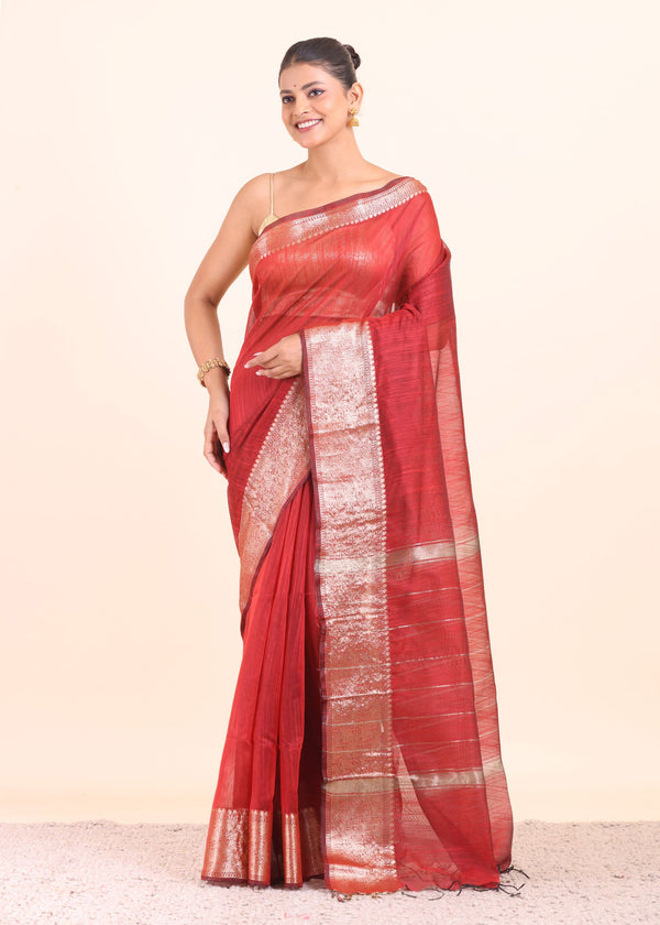 Maroon Soft Silk with Silver Border - Anvi Couture