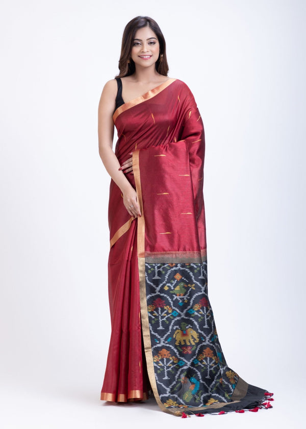 Maroon Traditional Silk Saree with Black Floral Pallu - Anvi Couture