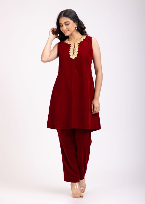 Maroon and Gold Velvet Embroidered Short Kurti Set - Anvi Couture